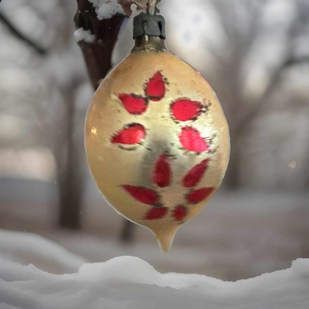 Vintage Poland Mercury Glass Teardrop Gold Poinsettia Christmas Ornament